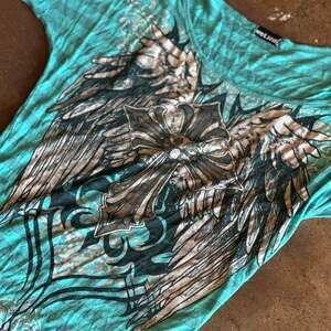 Vintage Y2K Wet Seal Teal Grunge Cross Wings Top, Size Small